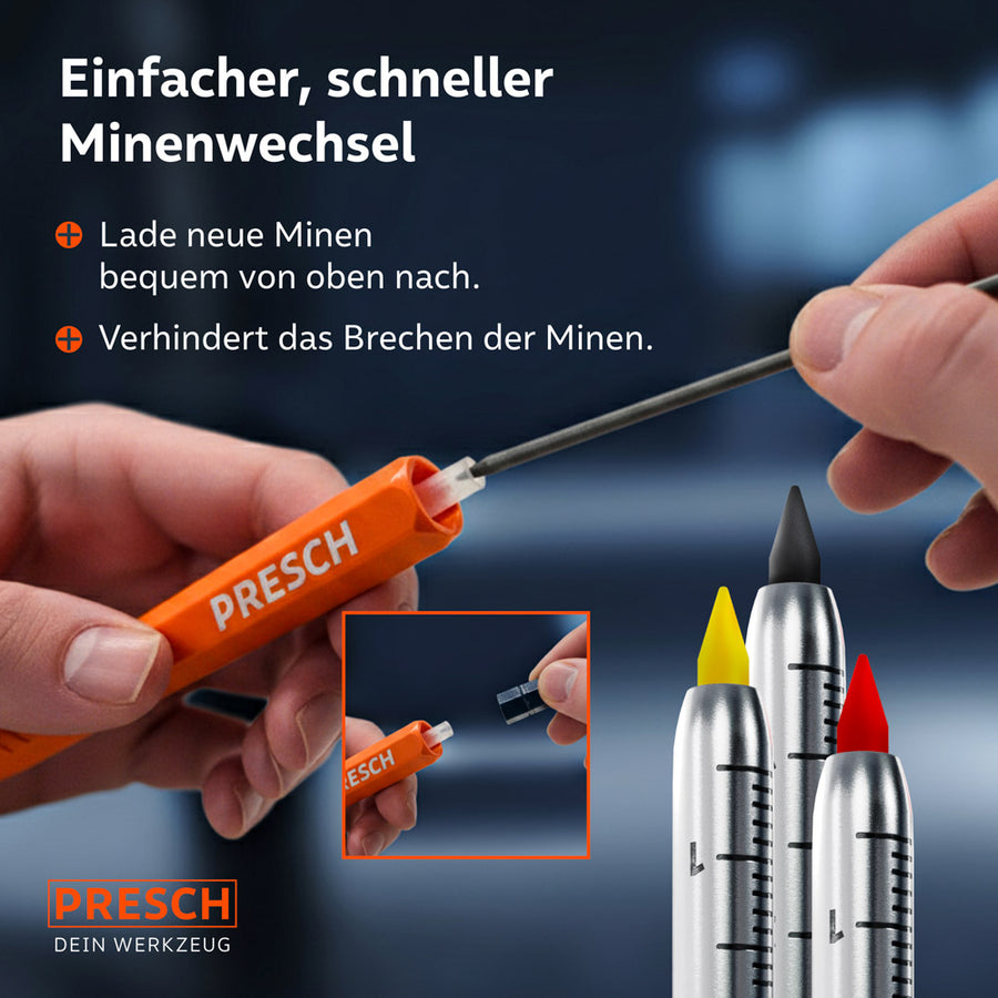 Einfacher Minenwechsel von oben: Ein Handwerker führt eine neue Mine in den SPOTIX Tieflochmarker ein. Ein Inset zeigt die Farbauswahl (Schwarz, Gelb, Rot).