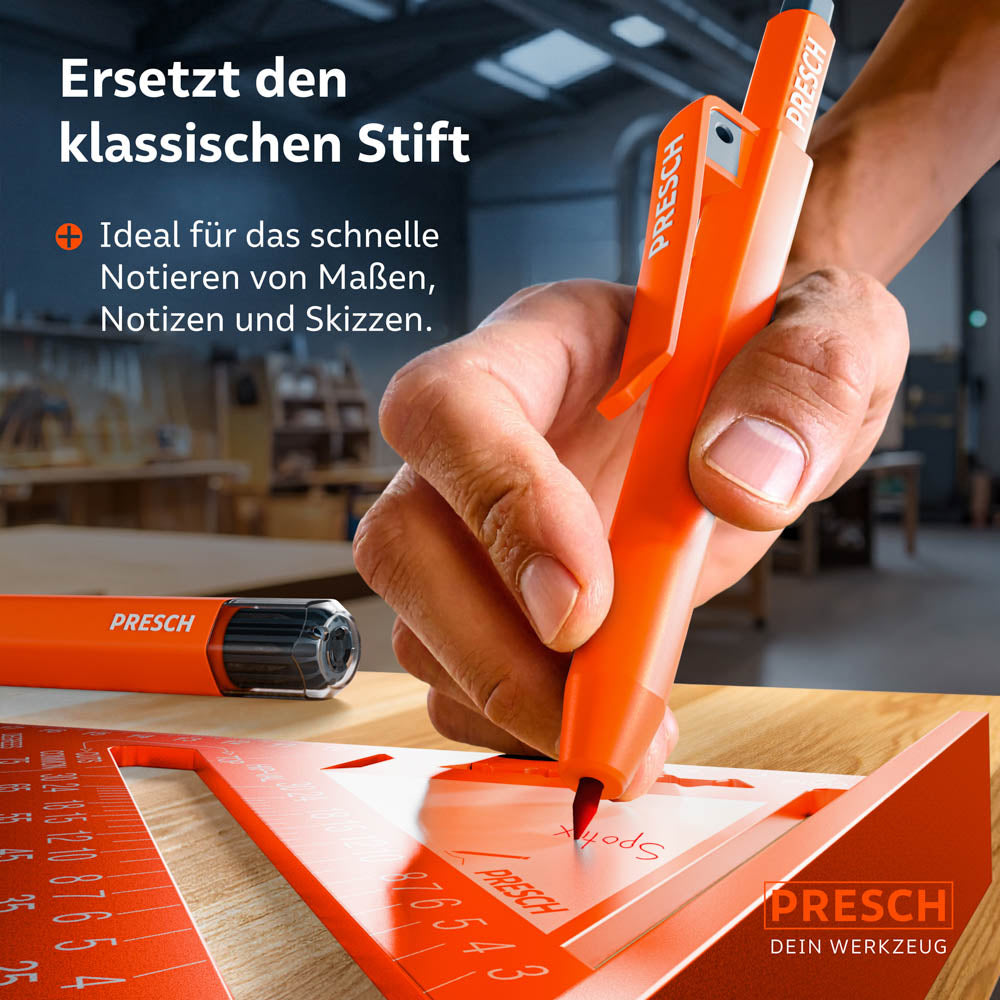 Präzises Skizzieren und Notieren von Maßen auf Holz mit der roten Spezialmine des SPOTIX Markers.