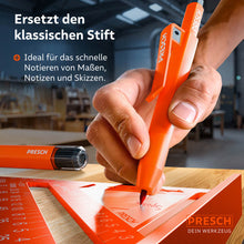 Präzises Skizzieren und Notieren von Maßen auf Holz mit der roten Spezialmine des SPOTIX Markers.