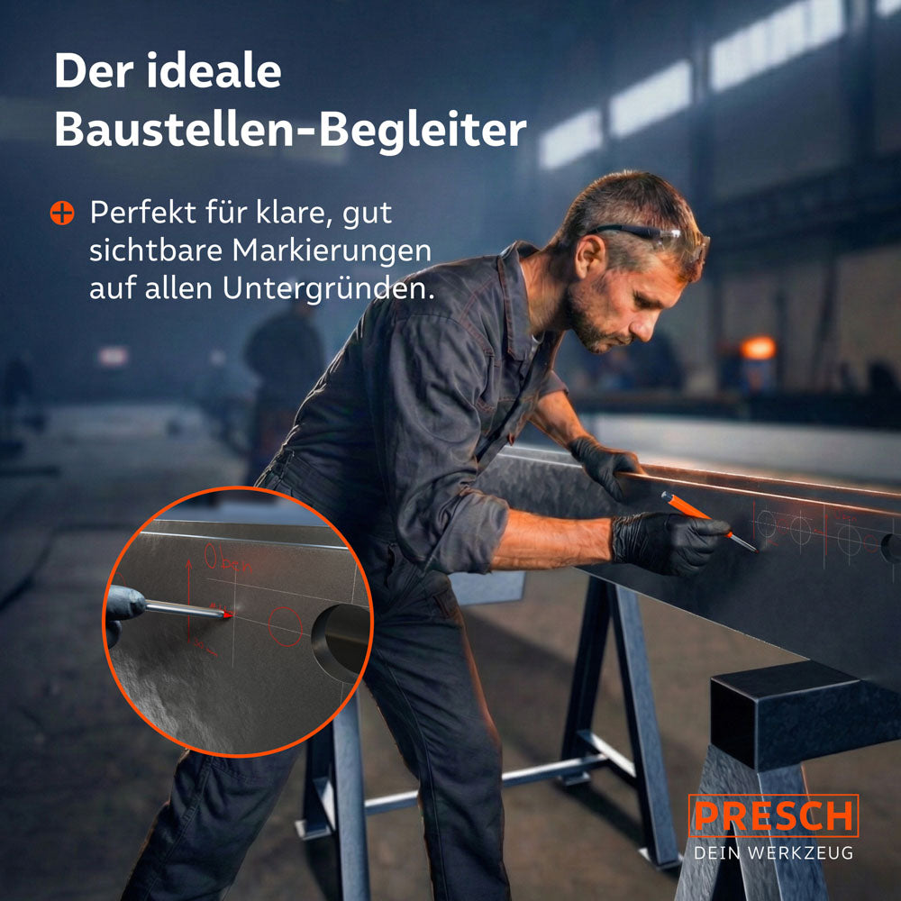 Ein Metallbauer nutzt die rote Mine für gut sichtbare Markierungen auf dunklem Stahl. Ein Inset zeigt die präzise Linienführung der roten Spitze.