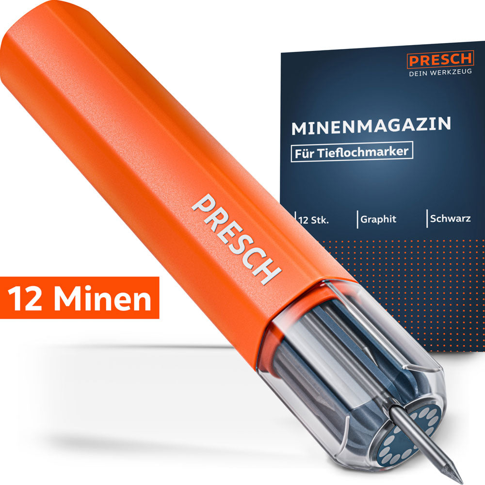 Das orangefarbene PRESCH Minenmagazin mit 12 schwarzen Graphitminen vor der dunkelblauen Produktverpackung.