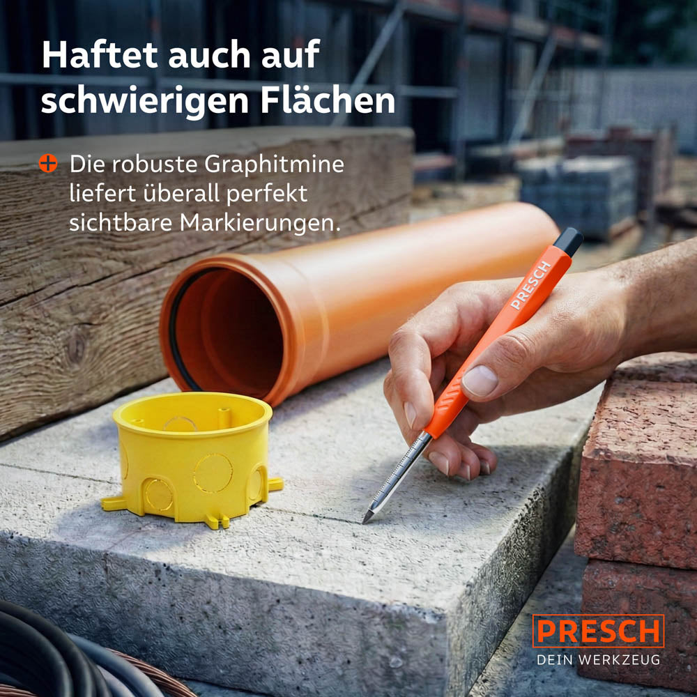 Markierung auf schwierigen Flächen: Der Marker schreibt zuverlässig auf Betonplatten, Ziegelsteinen und Kunststoffrohren.