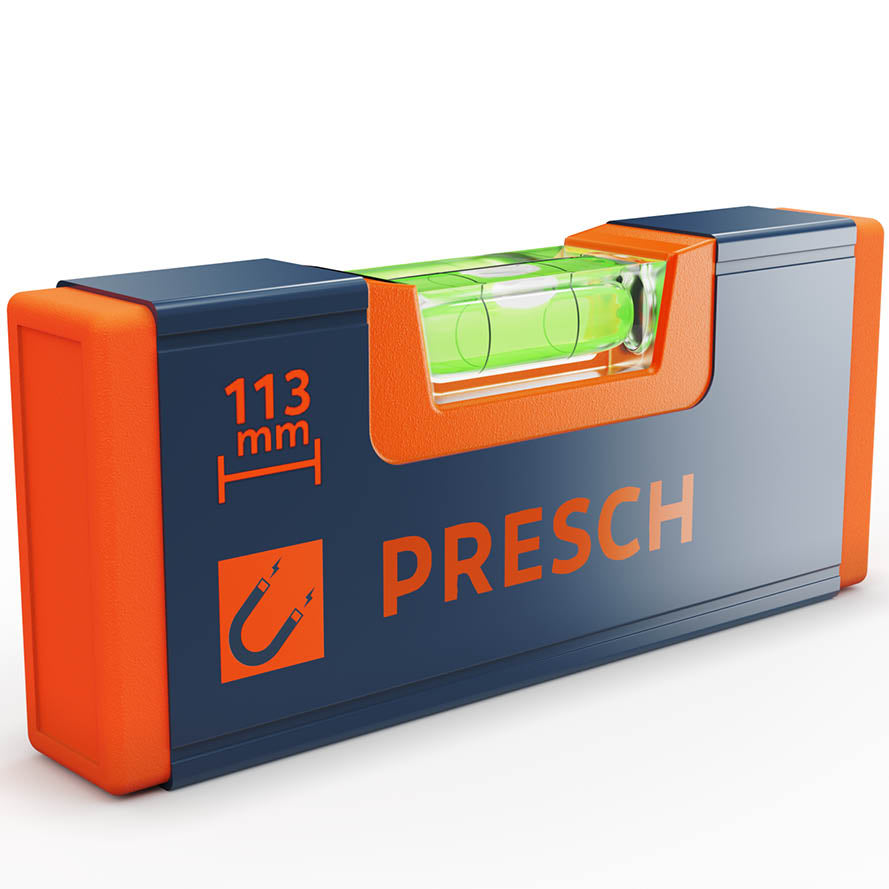 Mini-Wasserwaage von PRESCH in Blau und Orange mit Libelle und Markierungen für präzises Messen
