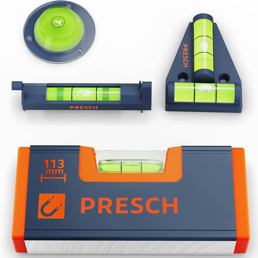 PRESCH Mini-Wasserwaagen-Set mit verschiedenen Libellen zur präzisen Nivellierung und Ausrichtung.