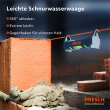Mini-Wasserwaagen-Set von Presch an einer Ziegelmauer, ideal für präzise Messungen und Ausrichtungsarbeiten.
