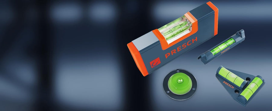 Presch Mini Wasserwaagen Set mit verschiedenen Nivellierwerkzeugen und Libellen in Orange und Schwarz.