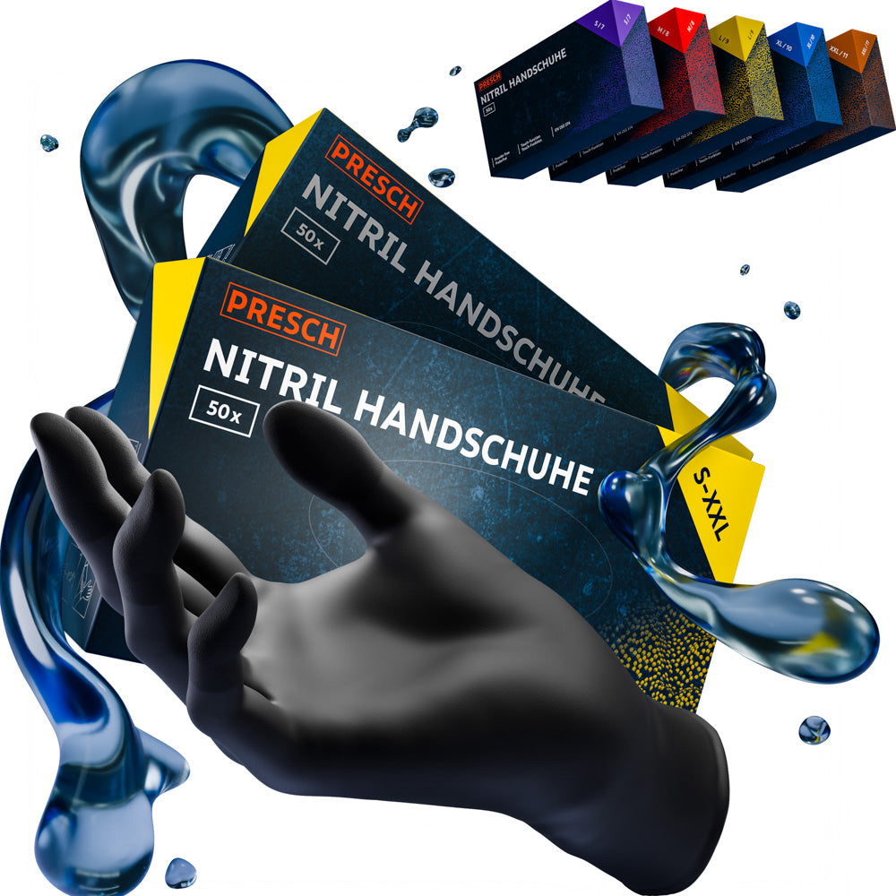 Interaktives 3D-Modell eines schwarzen Nitrilhandschuhs zur Detailansicht von Textur und Passform aus allen Winkeln.