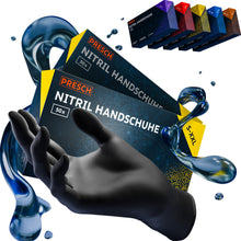 Schwarze PRESCH Nitrilhandschuhe (2x50er Box) mit schwebendem Handschuh vor dynamischen Wassertropfen und Größen-Varianten von S bis XXL.