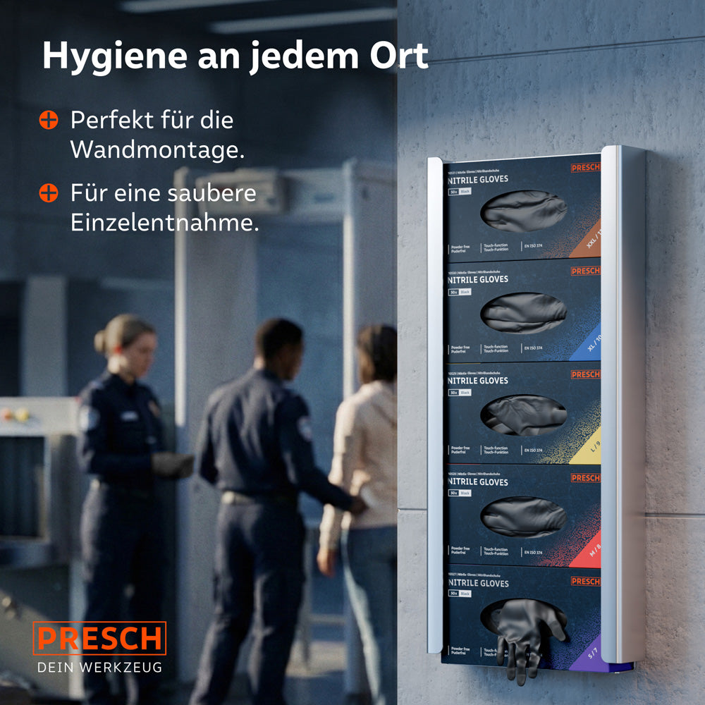 Wandhalterung mit fünf Spenderboxen in verschiedenen Größen für hygienische Einzelentnahme.