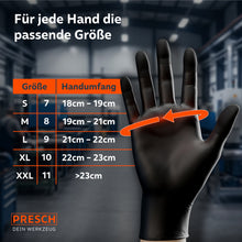 Maßtabelle für Handschuhgrößen (S, M, L, XL, XXL) mit entsprechender Handbreite in mm, dargestellt neben einem schwarzen Handschuh mit Feingrip.