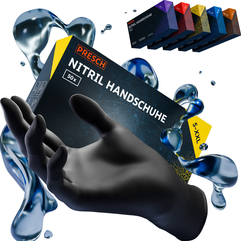 Interaktives 3D-Modell eines schwarzen Nitrilhandschuhs zur Detailansicht von Textur und Passform aus allen Winkeln.