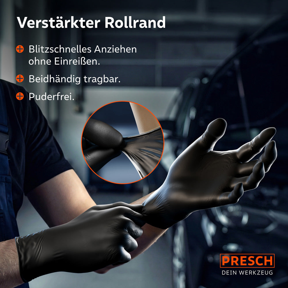 Nahaufnahme beim Anziehen: Verstärkter Rollrand verhindert Einreißen; puderfrei & beidhändig.
