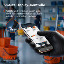 Touchscreen-Bedienung eines Smartphones mit schwarzen Nitrilhandschuhen.