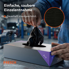 Entnahme eines schwarzen Handschuhs aus der staubgeschützten Spenderbox.