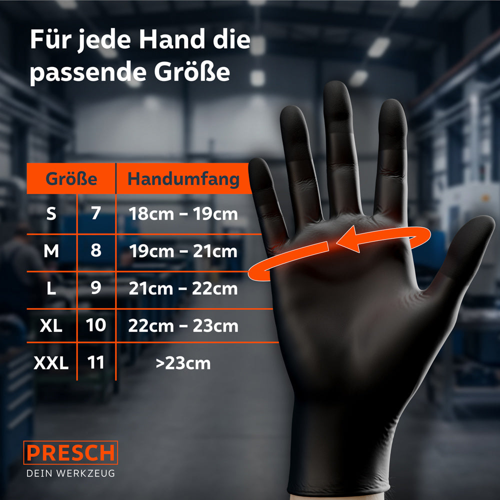 Maßtabelle für Handschuhgrößen (S, M, L, XL, XXL) mit entsprechender Handbreite in mm, dargestellt neben einem schwarzen Handschuh mit Feingrip.