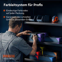 Farbleitsystem im Regal für schnellen Zugriff auf die passende Handschuhgröße im Arbeitsalltag.