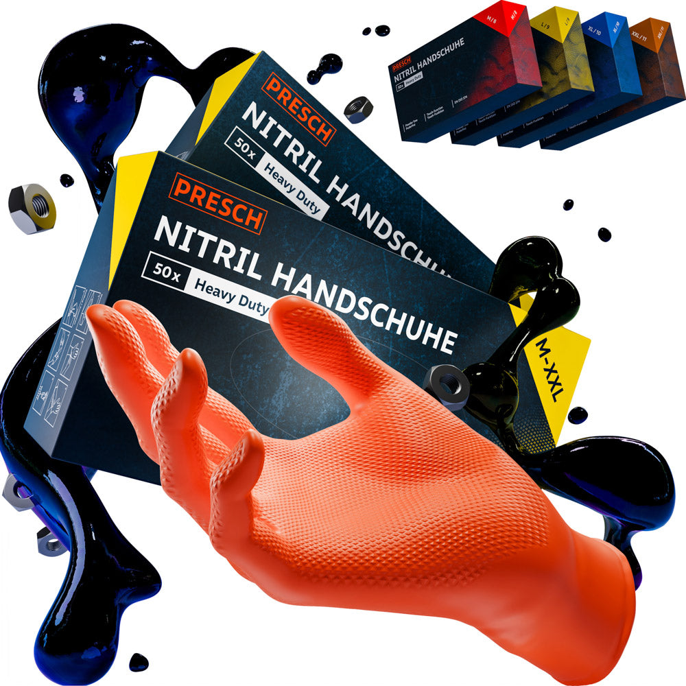 Orangefarbene PRESCH Heavy Duty Nitrilhandschuhe (2x50er Pack) mit schwebendem Handschuh vor dunklen Ölspritzern und weiteren Größen-Varianten.