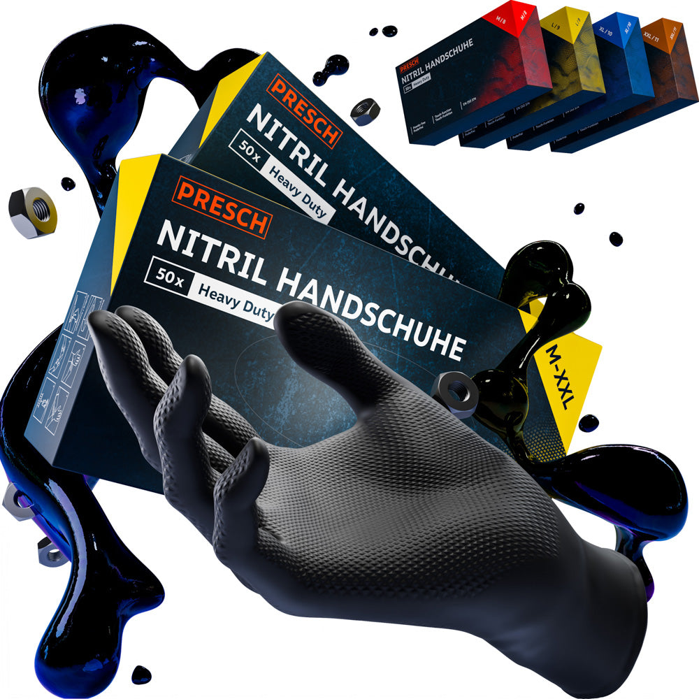 Schwarze PRESCH Heavy Duty Nitrilhandschuhe (2x50er Pack) mit schwebendem Handschuh vor dunklen Ölspritzern und weiteren Größenboxen.