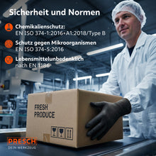 Sécurité : Un employé soulève une boîte de gants noirs ; des symboles indiquent une protection contre les produits chimiques et pour les aliments.