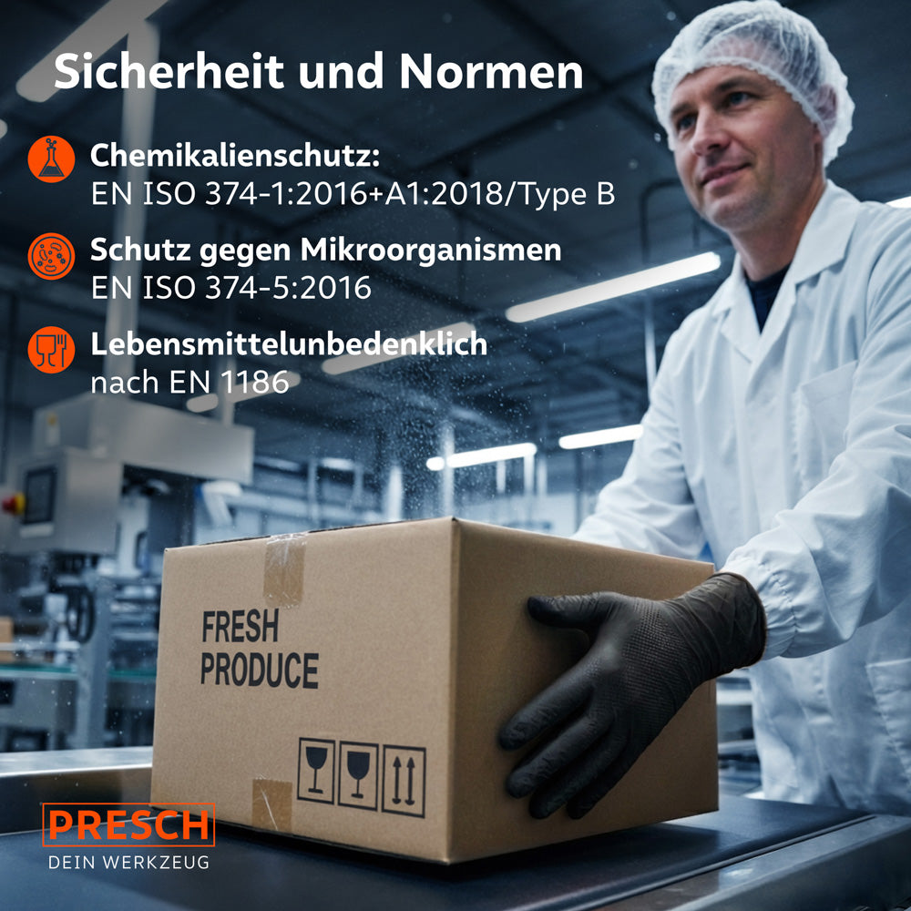 Sicherheit: Ein Mitarbeiter hebt einen Karton mit schwarzen Handschuhen; Symbole zeigen Schutz gegen Chemie und für Lebensmittel.