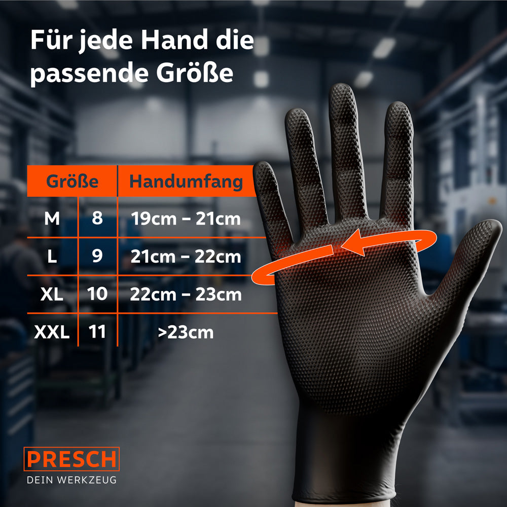 Größentabelle für schwarze Nitrilhandschuhe (M bis XXL) mit Millimeterangaben zur Handbreite für die ideale Passform.