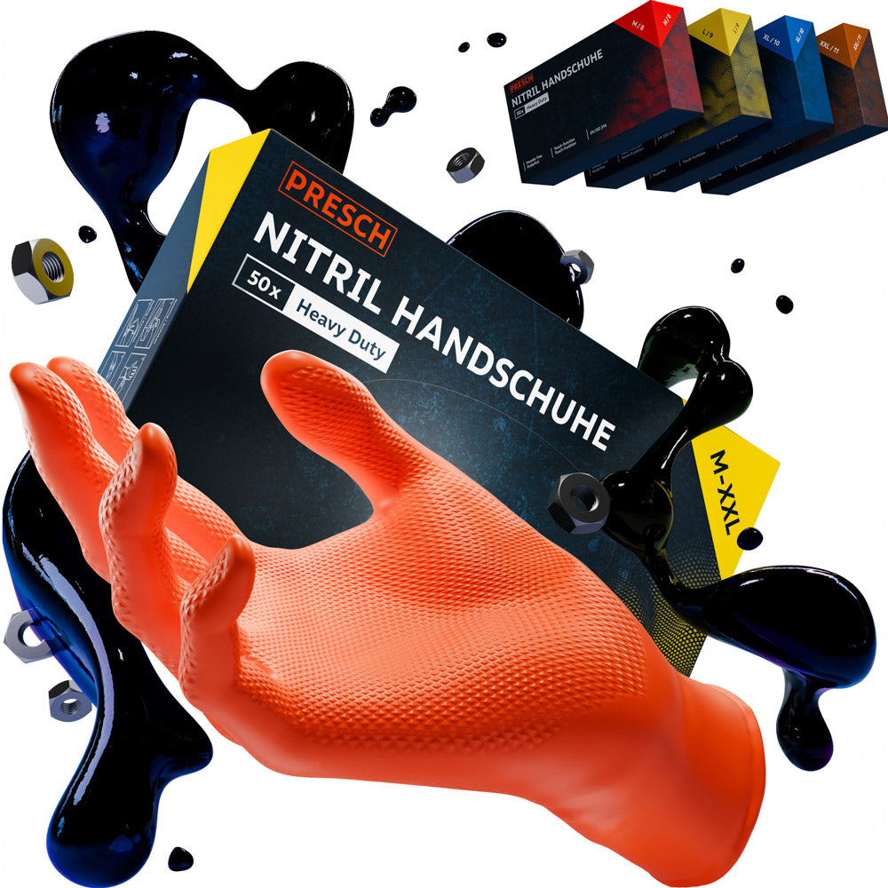 Interaktives 3D-Modell eines orangenen Nitrilhandschuhs Heavy Duty zur Detailansicht von Textur und Passform aus allen Winkeln.
