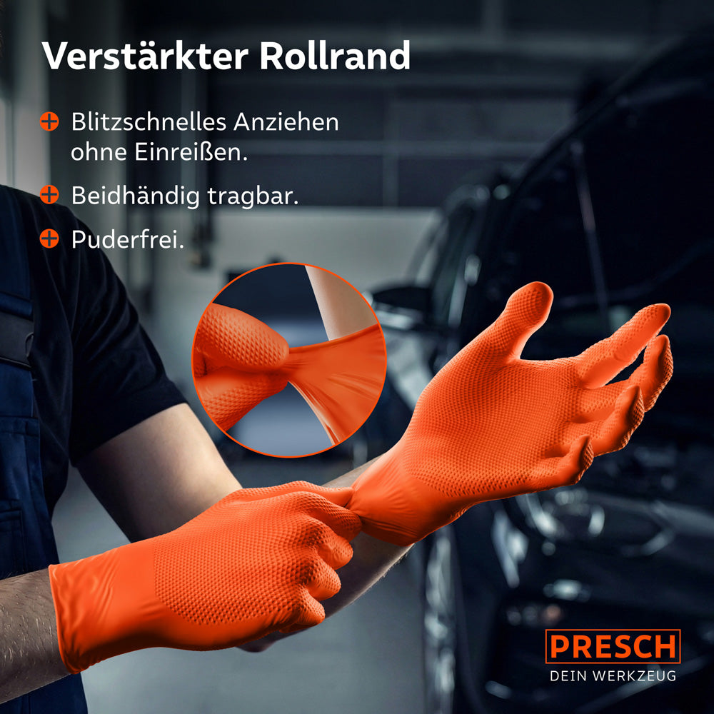 Schnelles Anziehen dank verstärktem Rollrand; beidhändig tragbare und puderfreie orange Nitrilhandschuhe.