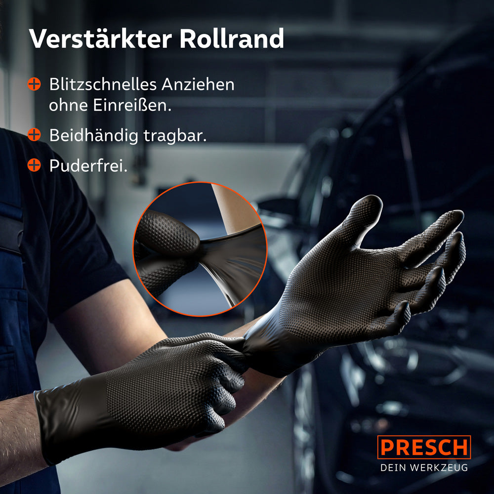 Müheloses Anziehen: Schwarze, puderfreie Handschuhe mit verstärktem Rollrand für hohe Reißfestigkeit am Handgelenk.