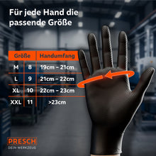 Maattabel voor zwarte nitrilhandschoenen (M tot XXL) met millimeteropgaven voor de handbreedte voor de ideale pasvorm.