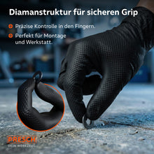 Gedetailleerde opname van de diamantstructuur: Een zwarte handschoen pakt nauwkeurig een kleine metalen schijf van de werkplaatsvloer om de hoge grip te demonstreren.
