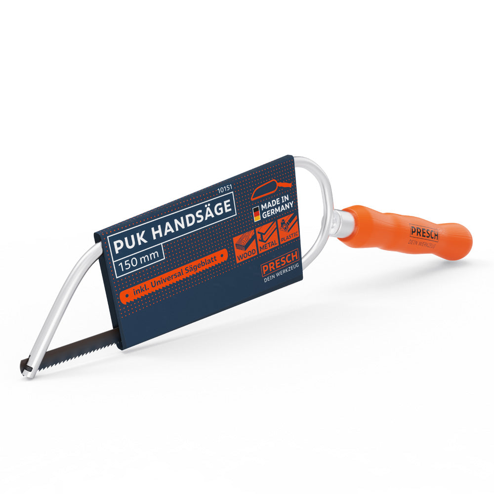 PRESCH PUK Handzaag 150mm met universeel zaagblad en oranje beukenhouten handvat - Made in Germany kwaliteitsproduct.