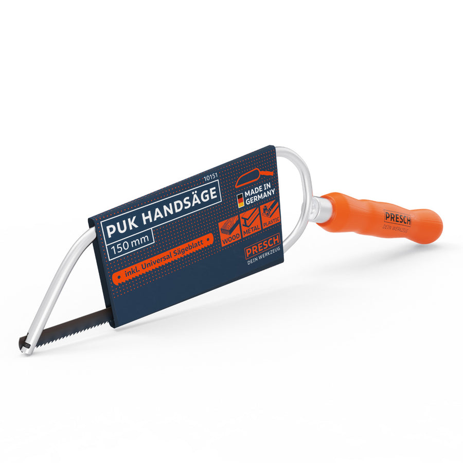Scie à main PRESCH PUK 150mm avec lame universelle et manche en bois de hêtre orange - Produit de qualité fabriqué en Allemagne.
