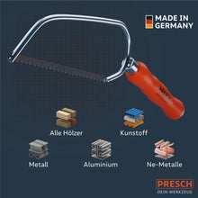 L'infographie montre l'applicabilité universelle de la scie pour tous les bois, plastiques, métaux, aluminium et métaux non ferreux.