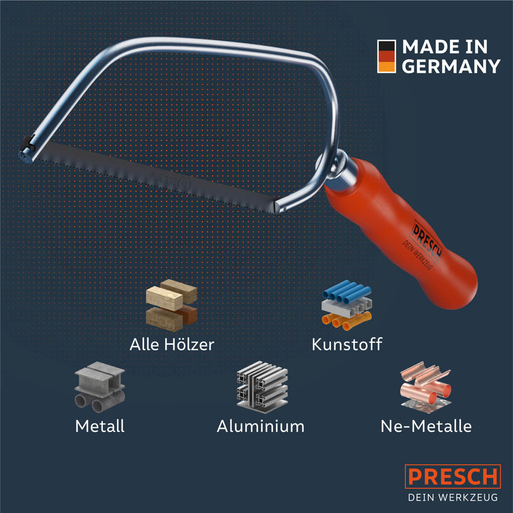 Infografiek toont de universele toepasbaarheid van de zaag voor alle houtsoorten, kunststoffen, metalen, aluminium en non-ferro metalen.
