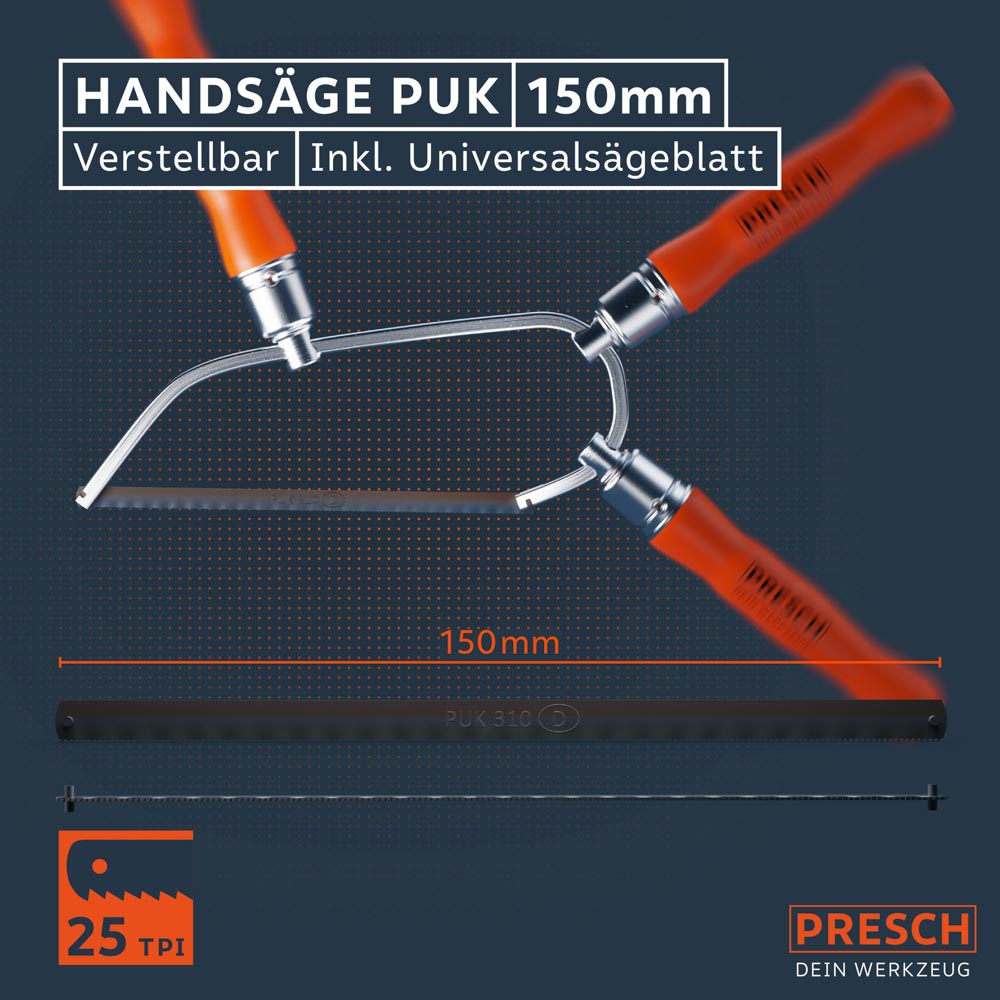 Grafiek voor de 150 mm zakzaag: Illustratie van de in verschillende posities verstelbare handgreep voor maximale flexibiliteit bij het zagen.