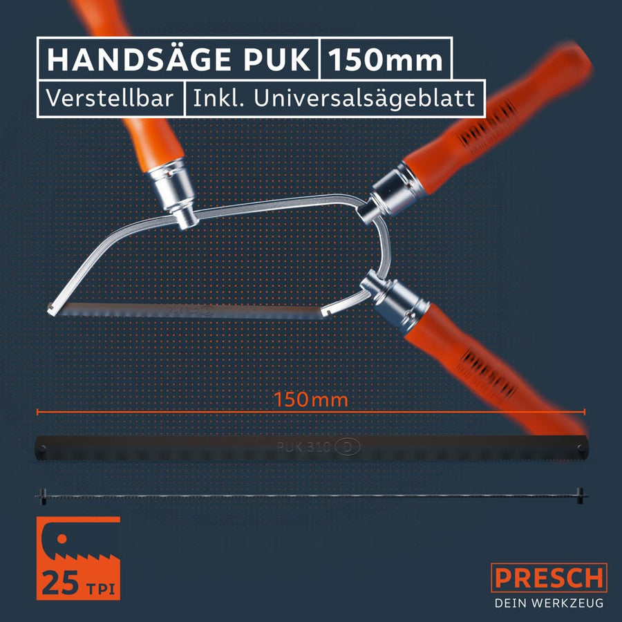 Grafiek voor de 150 mm zakzaag: Illustratie van de in verschillende posities verstelbare handgreep voor maximale flexibiliteit bij het zagen.