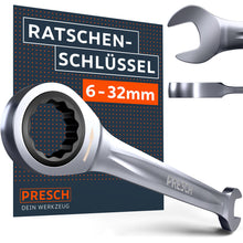 Hoge kwaliteit PRESCH ratelringsteeksleutel van chroom-vanadiumstaal. De afbeelding toont het ratelringuiteinde en de bekzijde in detail voor een verpakking die het maatbereik van 6 tot 32 mm benadrukt.