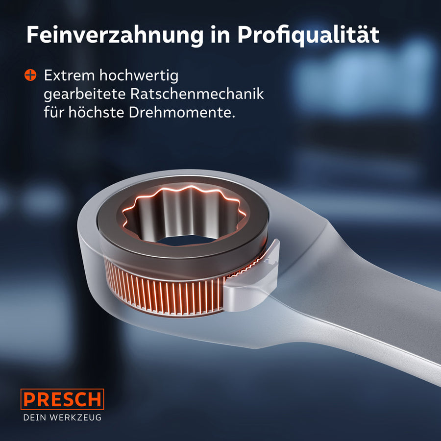 Een transparante röntgenweergave toont de precieze ratchetmechaniek in het binnenste van de ringuite. De hoogwaardige fijne versnellingsverhouding is ontworpen voor de hoogste koppel en duurzaamheid.