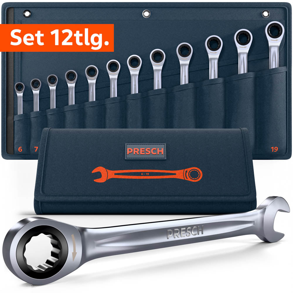 12-teiliges umlegbares Ratschenschlüssel Set von PRESCH in einer dunkelblauen Rolltasche. Enthalten sind die Größen 6, 7, 8, 10, 12, 13, 14, 15, 16, 17, 18 und 19 mm. Im Vordergrund wird ein einzelner Schlüssel mit Ring-Ratschenseite und Maulseite detailliert präsentiert.