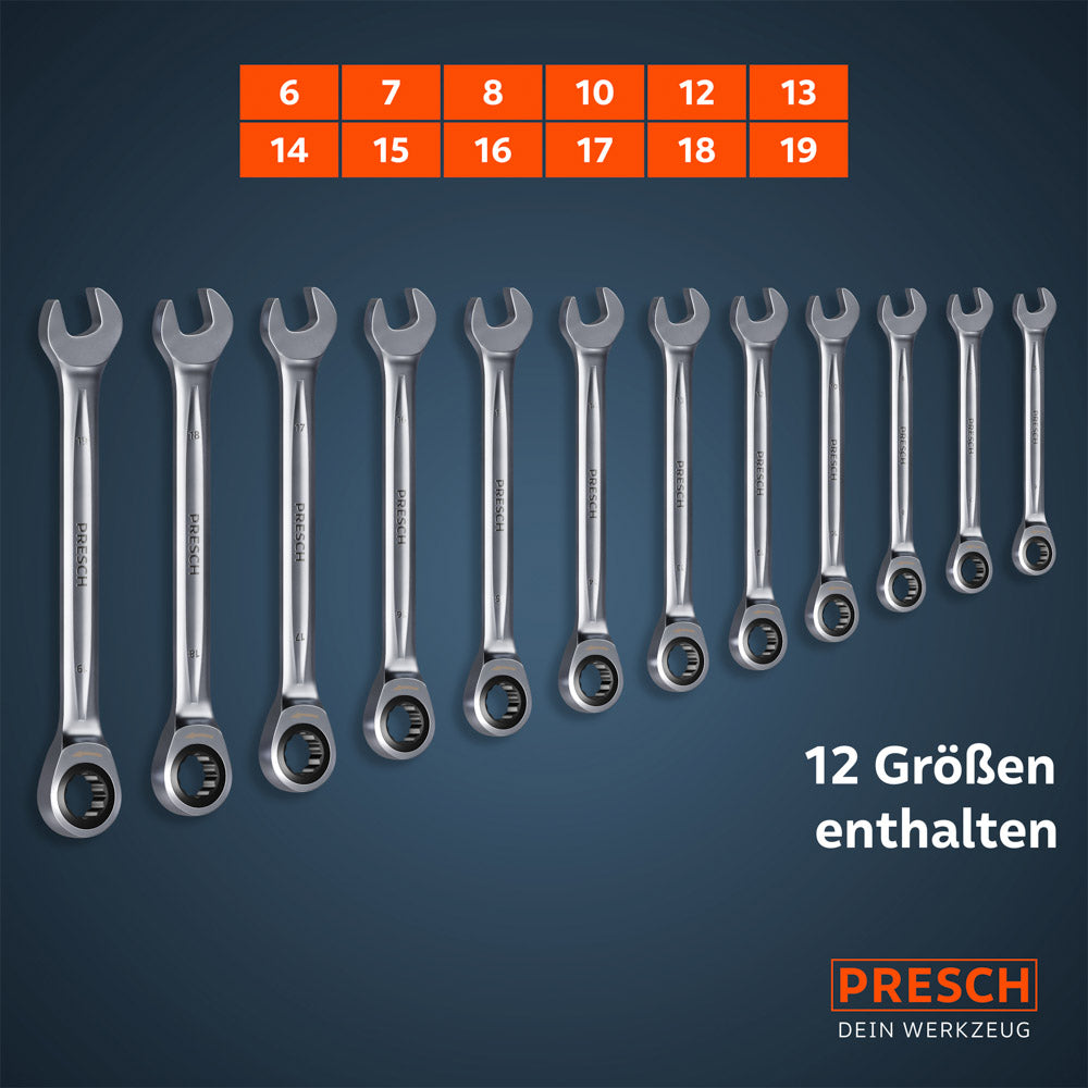 Übersichtsgrafik des Sets: Alle zwölf umlegbare Ratschenschlüssel von 6mm bis 19mm sind der Größe nach sortiert abgebildet.