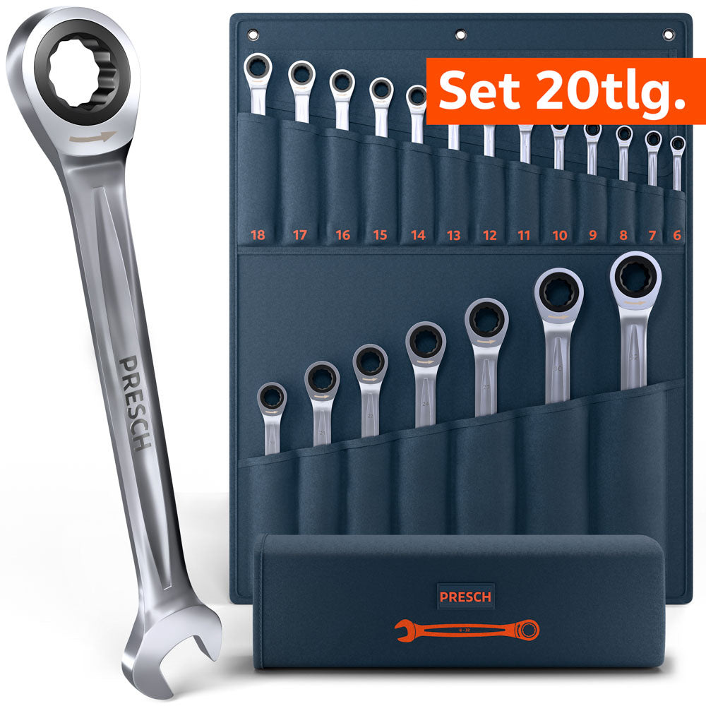 Umfangreiches 20-teiliges PRESCH Ratschenschlüssel Set in einer großen, dunkelblauen Rolltasche. Das Set deckt den Bereich von 6 mm bis 32 mm ab. Im Vordergrund wird ein massiver Schlüssel mit Ring-Ratschenseite und Maulseite detailliert präsentiert.