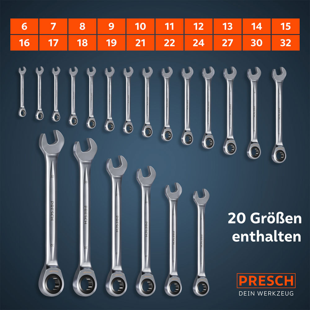 Übersichtsgrafik des vollständigen Sets: Alle 20 Schlüsselweiten (6, 7, 8, 9, 10, 11, 12, 13, 14, 15, 16, 17, 18, 19, 21, 22, 24, 27, 30 und 32 mm) sind der Größe nach sortiert abgebildet.