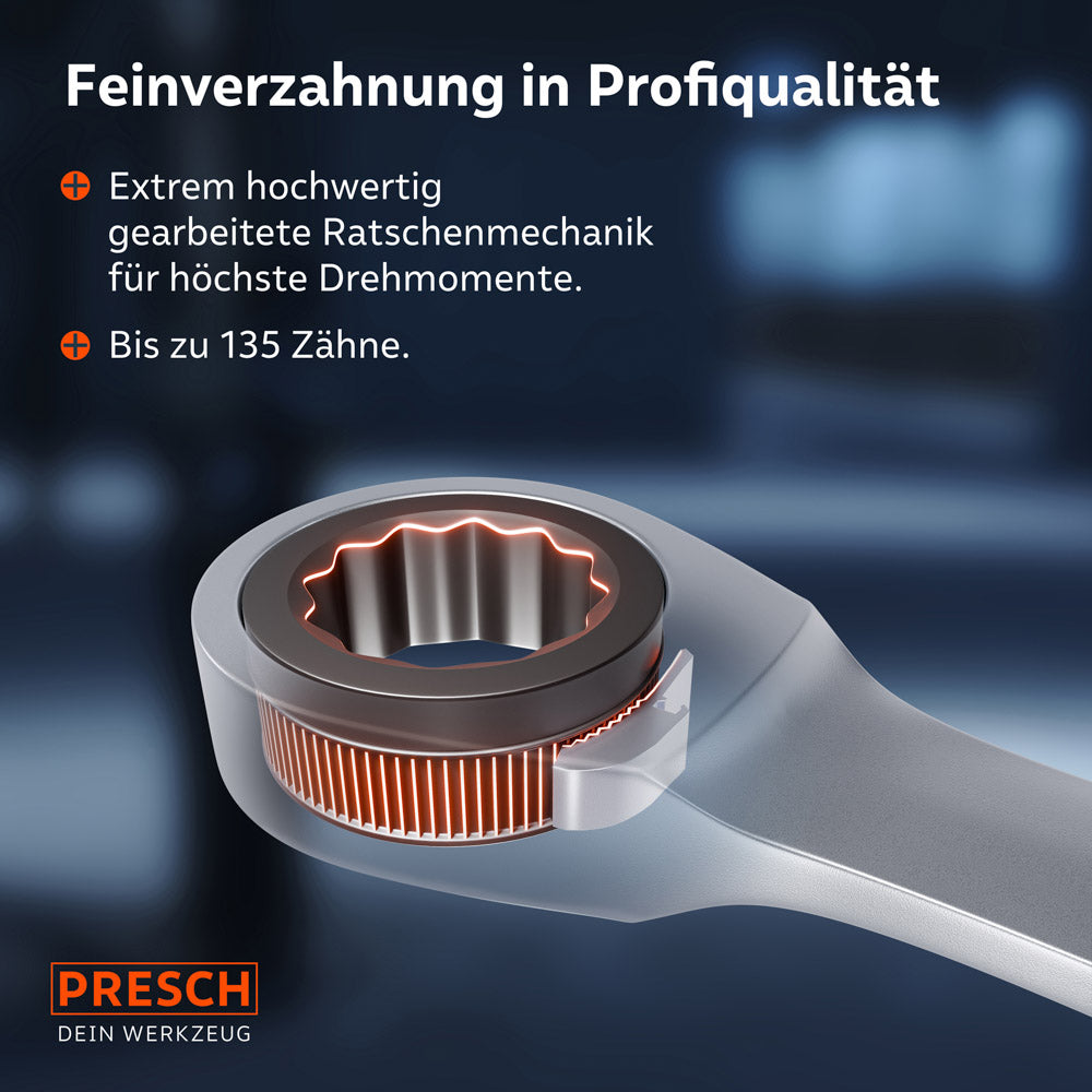 Transparente Detailansicht der Ratschenmechanik: Das Ringende verfügt über eine extrem hochwertige Feinverzahnung mit bis zu 135 Zähnen für höchste Drehmomente und minimale Bewegungsradien.