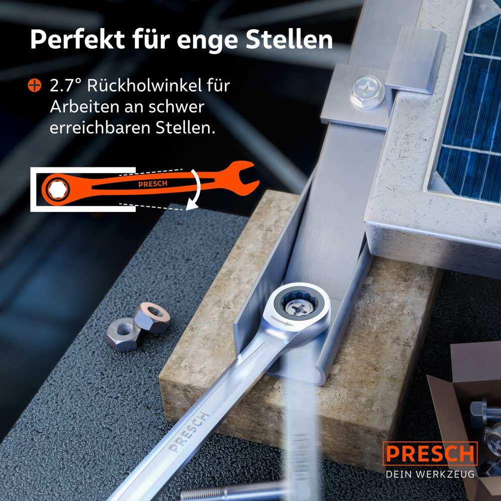 Anwendungsszenario an einer Profilschiene: Der extrem geringe Rückholwinkel von nur 2,7° wird grafisch verdeutlicht. Ideal für effizientes Arbeiten an Stellen mit sehr wenig Platz.