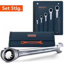 Set de clés à cliquet PRESCH 5 pièces dans une sacoche à roulettes bleu foncé. Les tailles 8, 10, 13, 17 et 19 mm sont incluses. Au premier plan, une clé individuelle avec côté cliquet à anneau et côté mâchoire est représentée en détail.