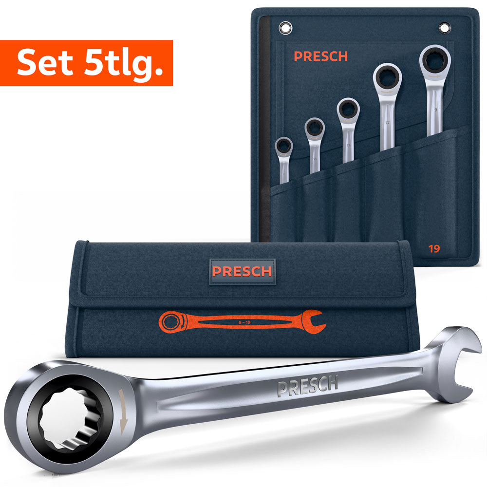 Set de clés à cliquet PRESCH 5 pièces dans une sacoche à roulettes bleu foncé. Les tailles 8, 10, 13, 17 et 19 mm sont incluses. Au premier plan, une clé individuelle avec côté cliquet à anneau et côté mâchoire est représentée en détail.