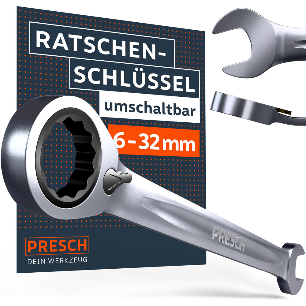 Hochwertiger umschaltbarer PRESCH Ratschenringmaulschlüssel aus Chrom-Vanadium-Stahl. Das Bild zeigt das Ring-Ratschenende und die Maulseite im Detail vor einer Verpackung, die das Größenspektrum von 6 bis 32mm hervorhebt.