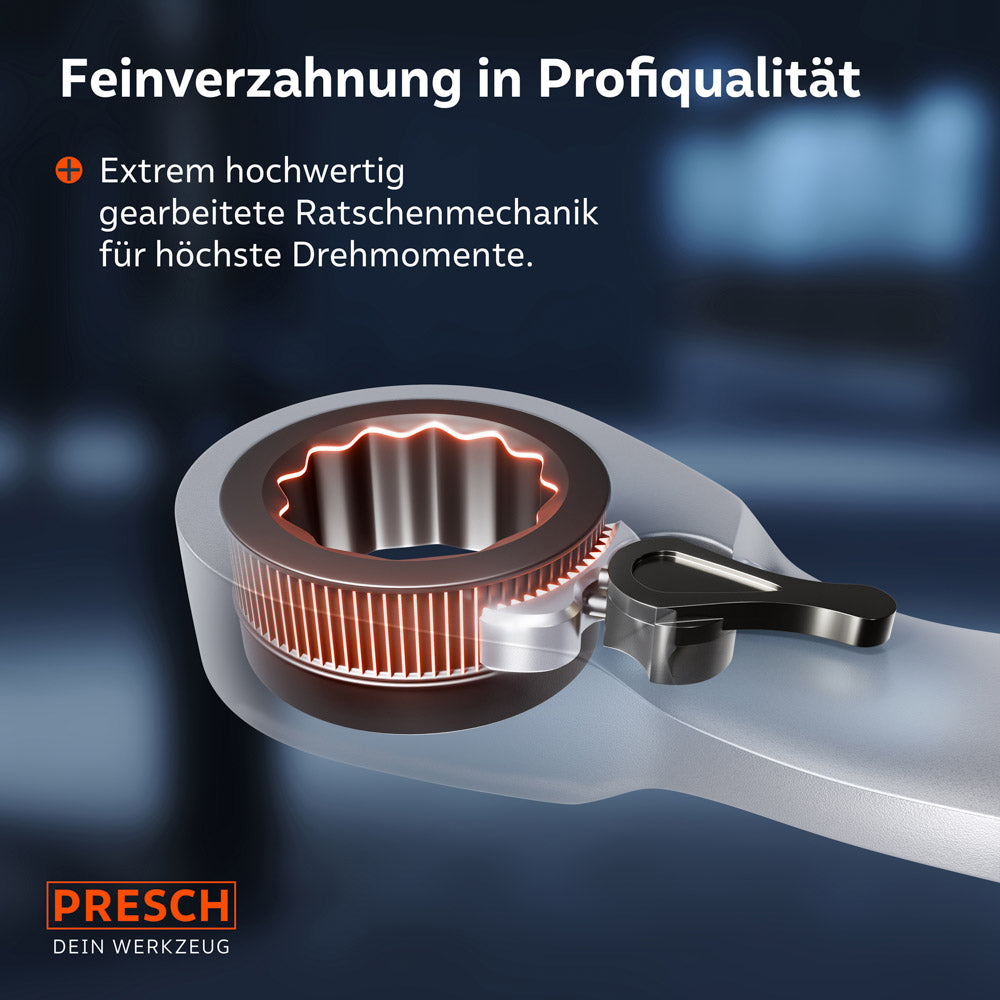 Eine transparente Röntgen-Ansicht zeigt die präzise Ratschenmechanik im Inneren des Ringendes. Die hochwertige Feinverzahnung ist für höchste Drehmomente und Langlebigkeit konstruiert.