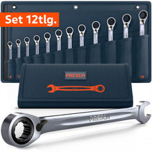 12-teiliges umschaltbares Ratschenschlüssel Set von PRESCH in einer dunkelblauen Rolltasche. Enthalten sind die Größen 6, 7, 8, 10, 12, 13, 14, 15, 16, 17, 18 und 19 mm. Im Vordergrund wird ein einzelner Schlüssel mit Ring-Ratschenseite und Maulseite detailliert präsentiert.