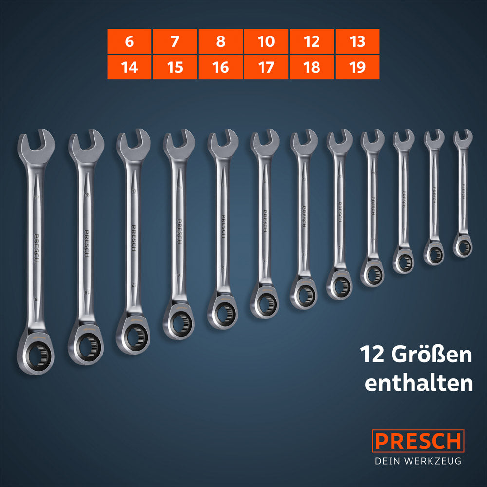 Übersichtsgrafik des Sets: Alle zwölf umschaltbaren Ratschenschlüssel von 6 mm bis 19 mm sind der Größe nach sortiert abgebildet.